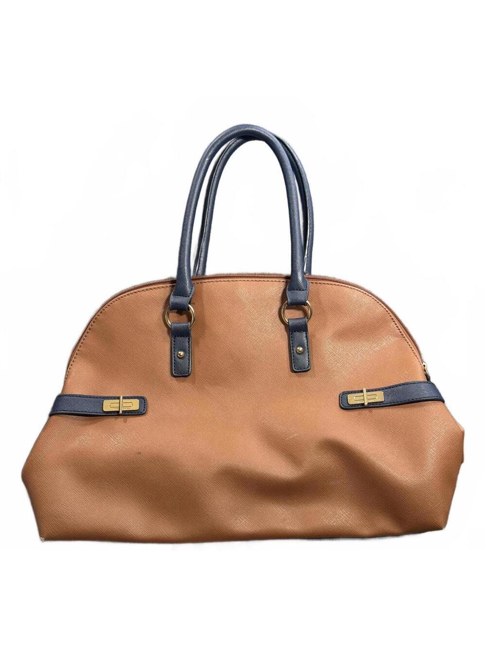 Tommy Hilfiger Brown and Navy PU Leather Handbag With Gold Accents Top Handle